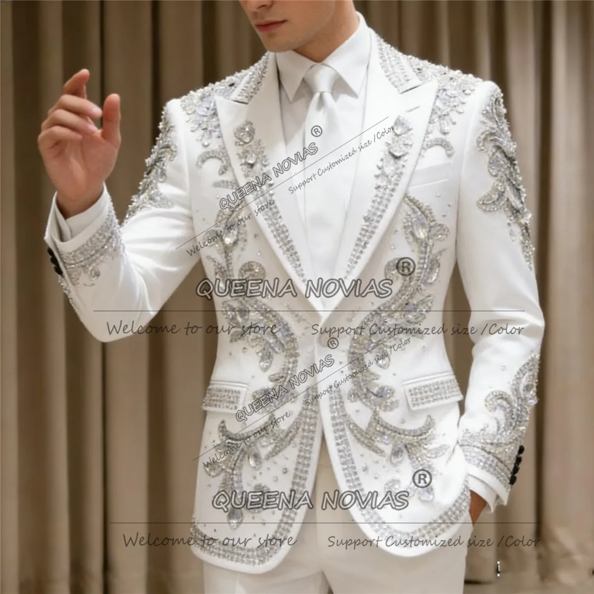 Brilliant Beaded Crystals Suits Men For Wedding Notched Label Prom Blazers Customized Groom Formal Party Tuxedos 2pc Ropa Hombre