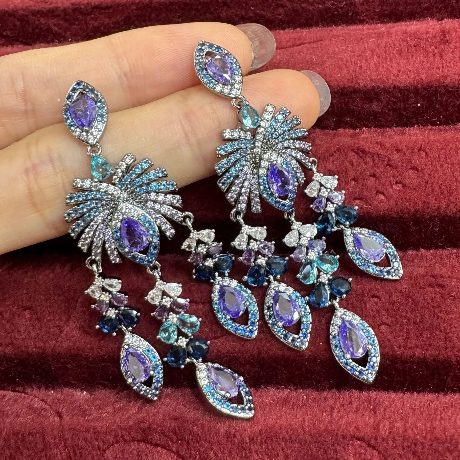 

classy zirconia earrings for women dinner party luxury jewelry purple blue white zircon long dangling earrings shiny gift