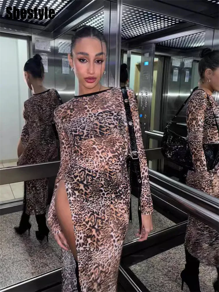 Shestyle Leopard wysokie rozcięcie seksowne sukienki siatkowe przezroczyste damskie Streetwear cienkie zwierzęce dzikie stylowy strój dla kobiety