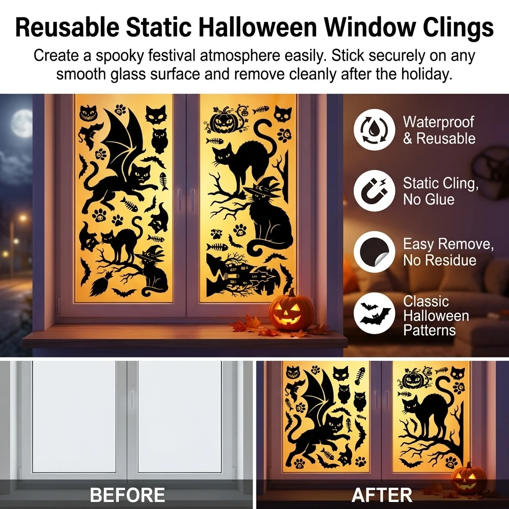 Spooky Halloween Window Clings Waterproof Glass Decals for Home Party Decor Black Cat Witch Bat Static Stickers Reusable
