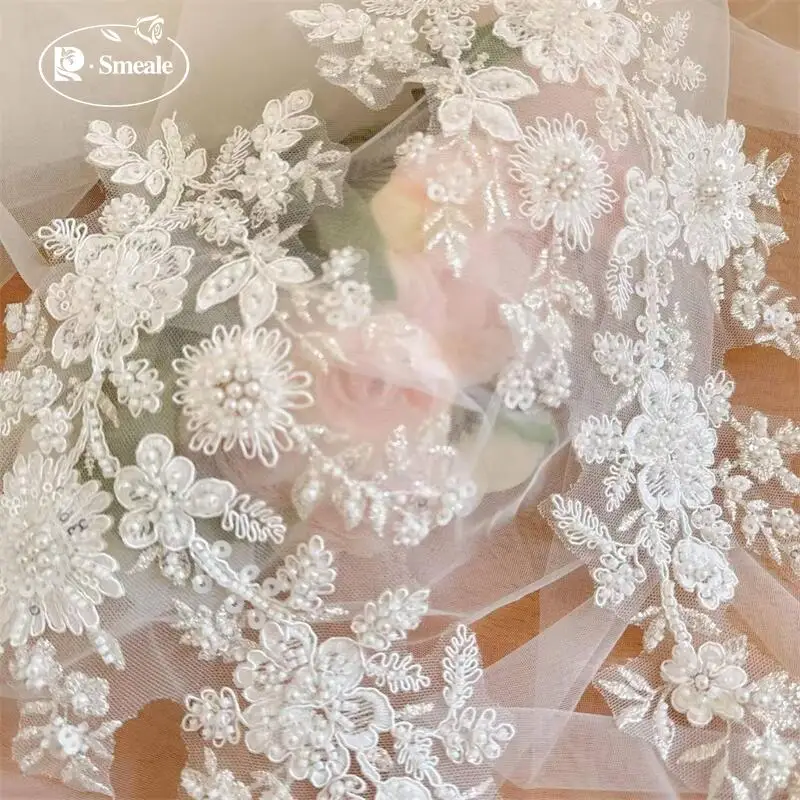 34X17CM Weiße Rayon-Perlen-Pailletten-Blumen Bestickte Spitzen-Spiegel-Applikation. Braut-Kopfschmuck. Patch DIY Hochzeitsaccessoires zum Nähen. – Detail 6