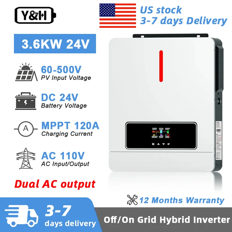 

[US Stock] Y&H 3.6KW 4000VA Hybrid Solar Inverter 24V 110/120V Dual Output Pure Sine Wave inverter with 120A MPPT Solar Charger