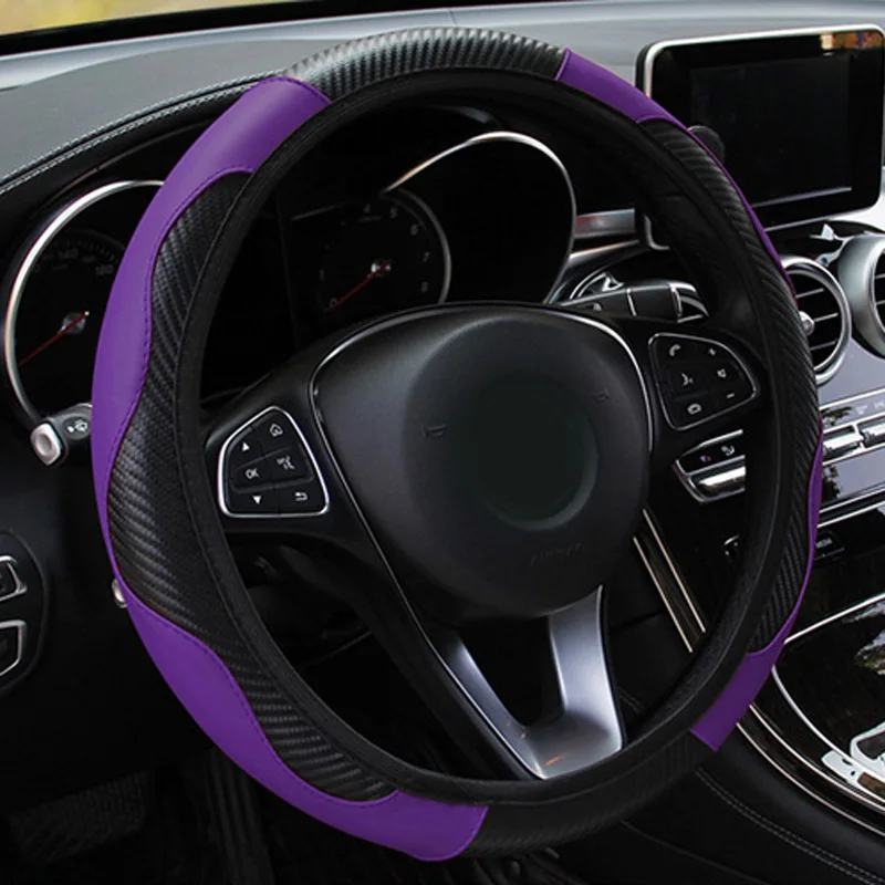 1x Steering Wheel Cover Car Interior Black+Purple Carbon Fiber Leather Protection For 37-38CM Diameter Easy Styling Decoration