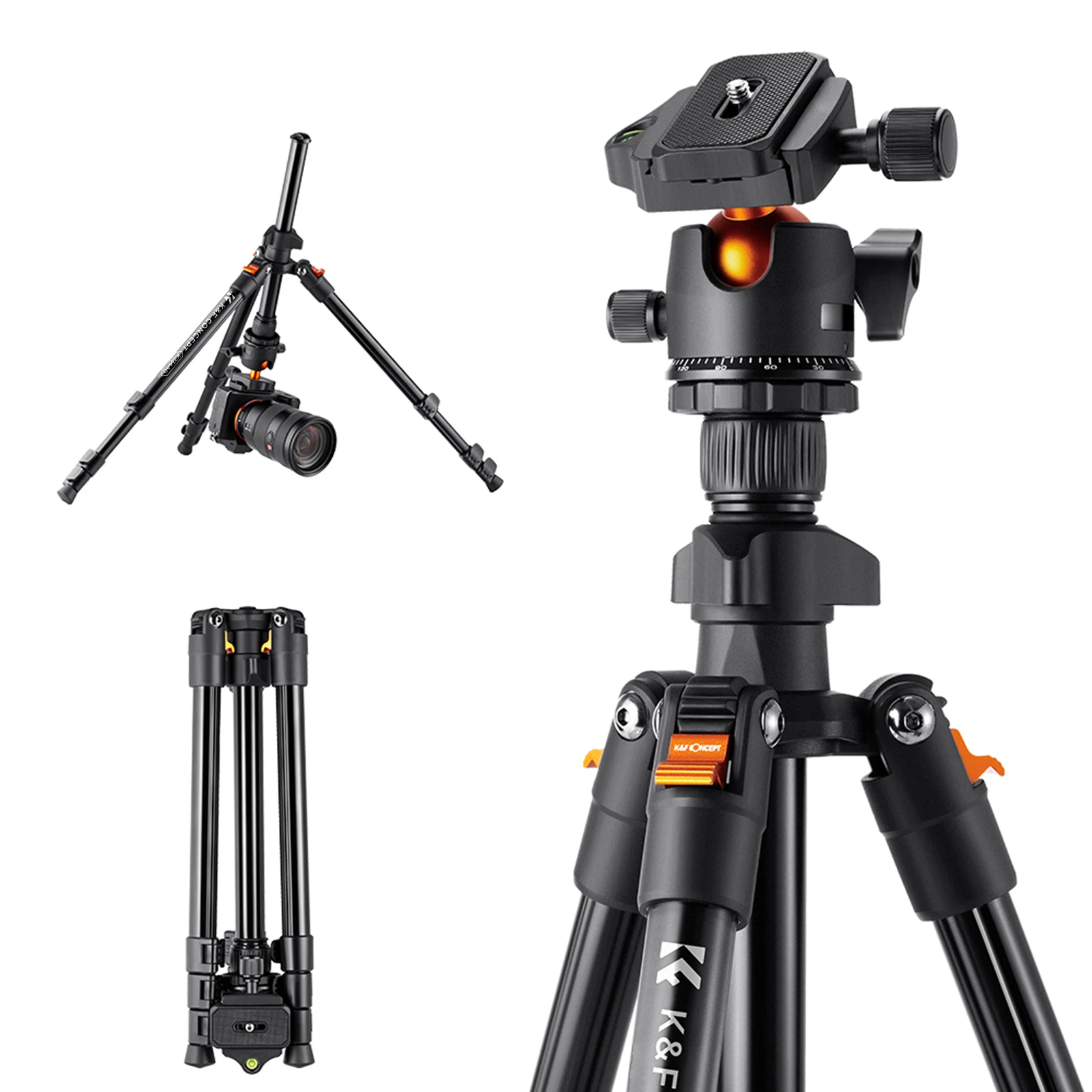 Portable Camera Tripod Stand Aluminum Alloy 160cm/62.99 Max. Height 8kg/17.64lbs Load Capacity Low Angle Photography Tripod