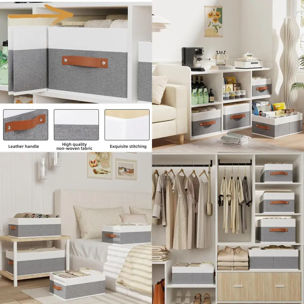 

6-Piece White & Grey Storage Cubes with Handles, 13x9x5.5 Inches for Efficient Organizing