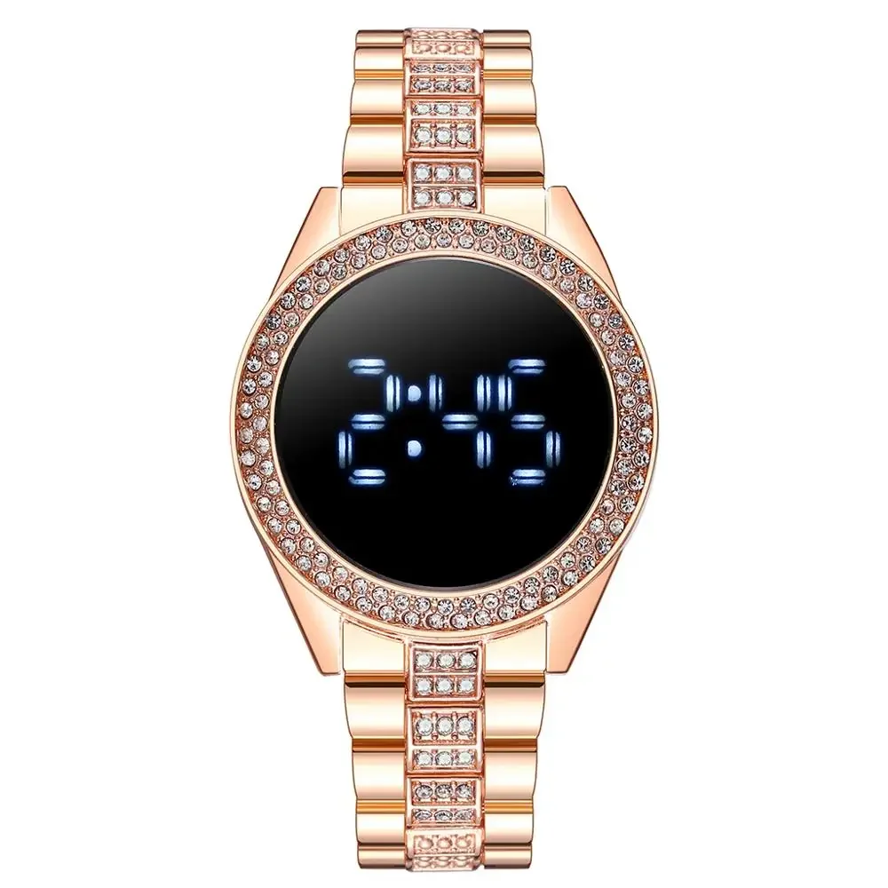 

Luxury Rose Gold LED Digital Watches for Women Stainless Steel Diamond-set Dial Magnet Dress LED Quartz Watch Relogio Feminino