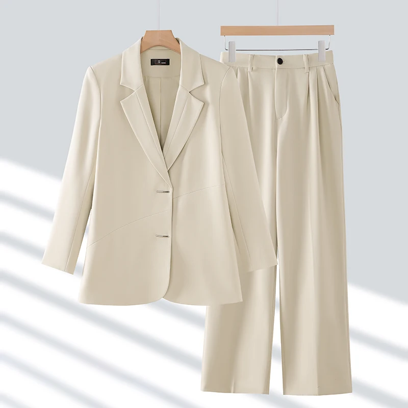 

Women Beige Khaki Black Formal Pant Suit Female Solid Blazer and Trouser 2 Piece Set For Office Ladies Winter Work Wear