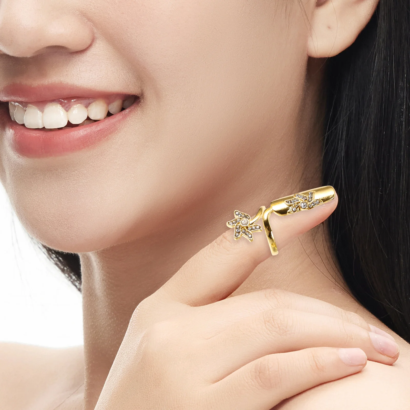 4Pcs Fashion Nail Rings Women's Rhinestone Fingernail Jewelry Alloy Finger Tip Rings Easy to Wear No Glue Needed Gift