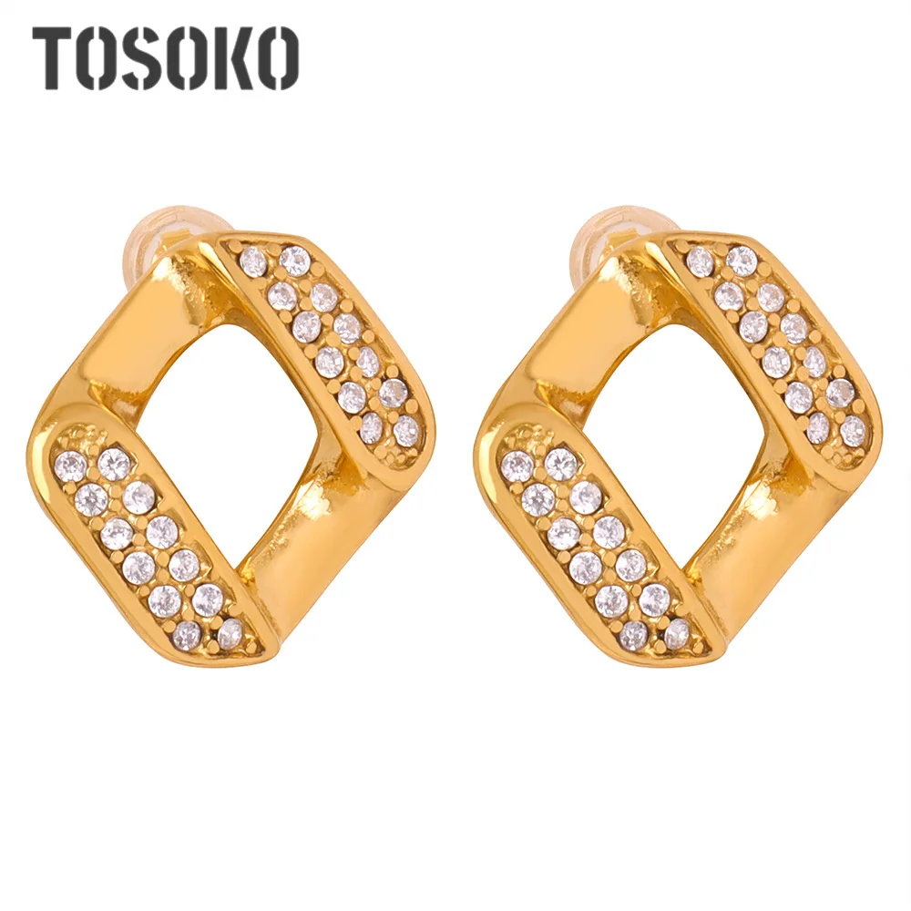 

TOSOKO Stainless Steel Stud Earrings Fashionable Geometric Inlay With Zircon Earrings for Women's Jewelry BSF320