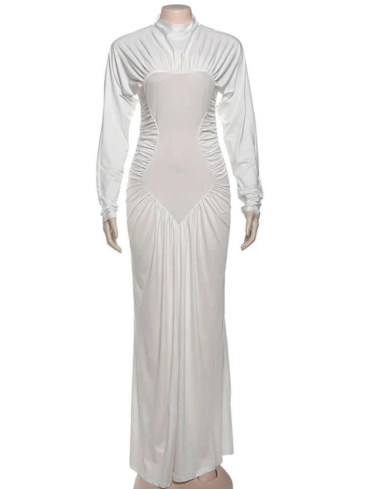 Cutenew Elegante abito natalizio da donna con pieghe patchwork a maniche lunghe semplice da sera sexy da ballo di fine anno elasticizzato skinny maxi aderente