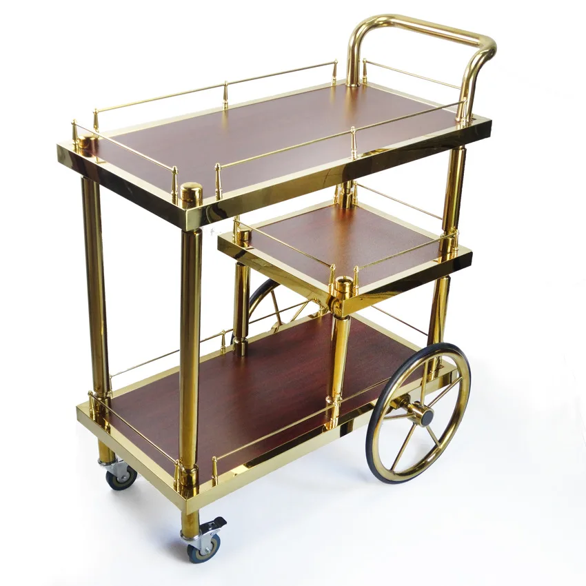 

European-style titanium room wine cart, steel and wood three-layer service cart, hand push