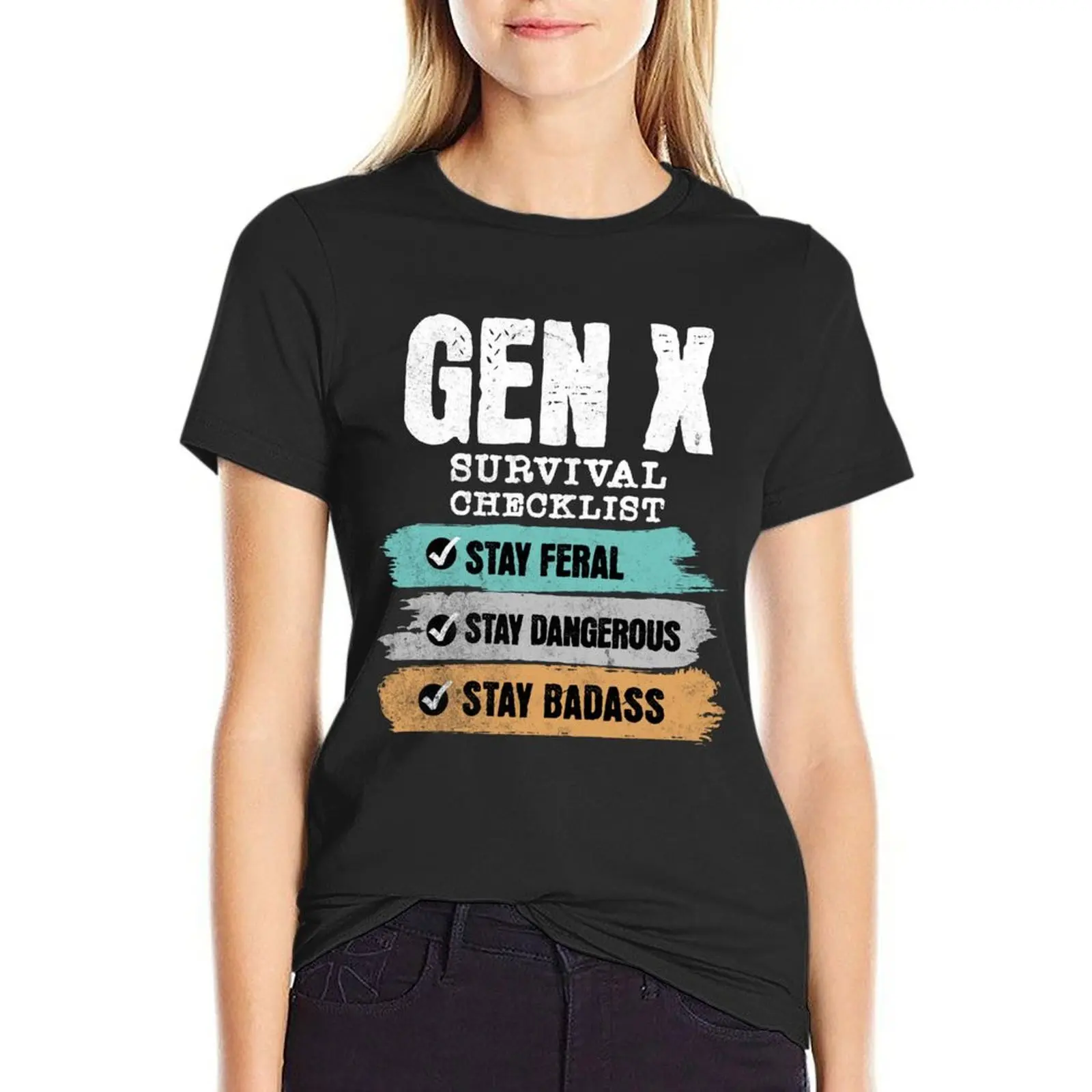 

GEN X SURVIVAL CHECKLIST T-Shirt sports fans vintage clothes oversized tops t-shirts for Women loose fit