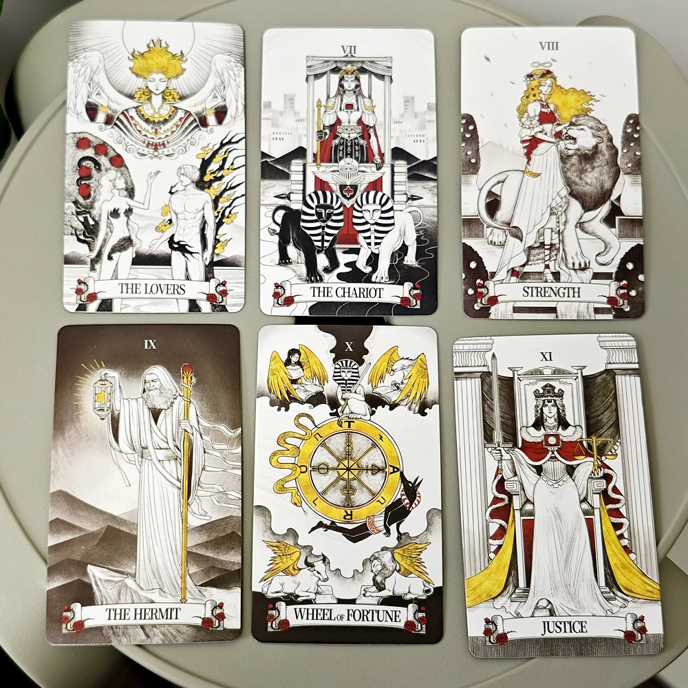 Tarot de espejo secreto para mujer, 80 cartas de piezas, 10,3x6cm, arte femenino en rico símbolo con Reino Monocromático: negro, blanco, rojo, dorado