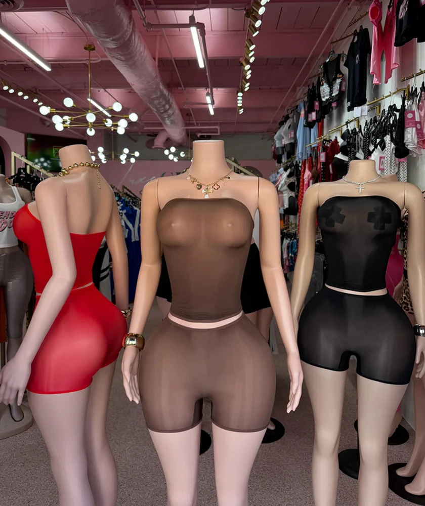 2026 Damen Boutique Trendige Mode 2-teilige Sets Heiße Sexy Trägerlose Mesh Crop Tops Mini Shorts Set Mitternachts-Party Club Outfits – Detail 2