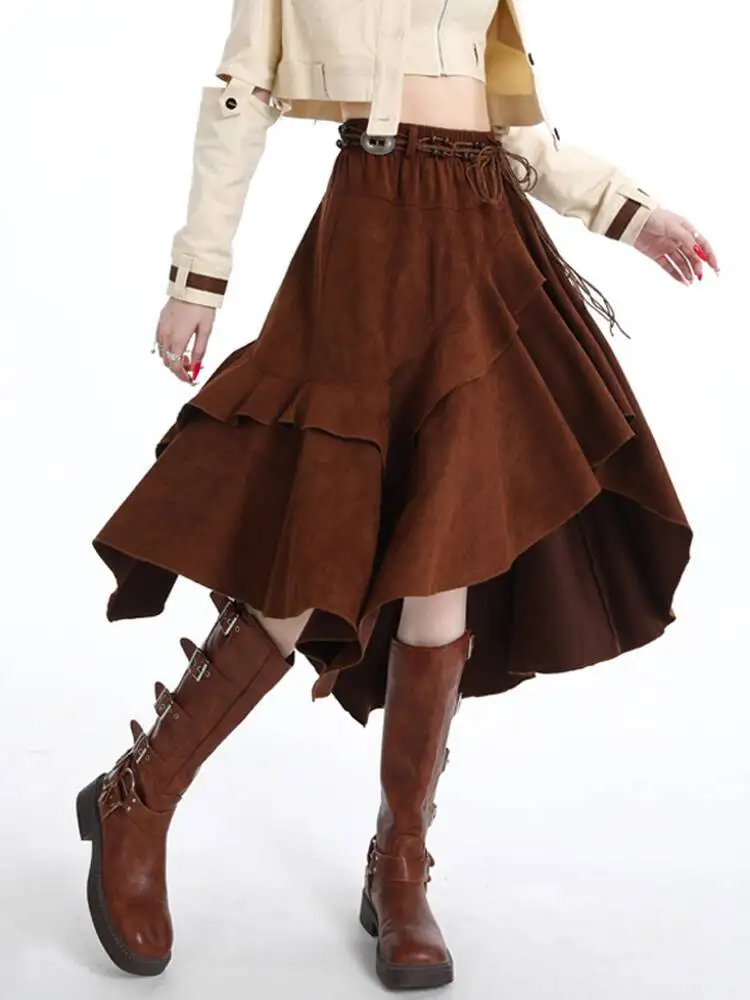 Women's Irregular Skirts Autumn Asymmetrical Suede Skirt Edgy Bohemian Retro Ruffled Mid Length A Line Skirt