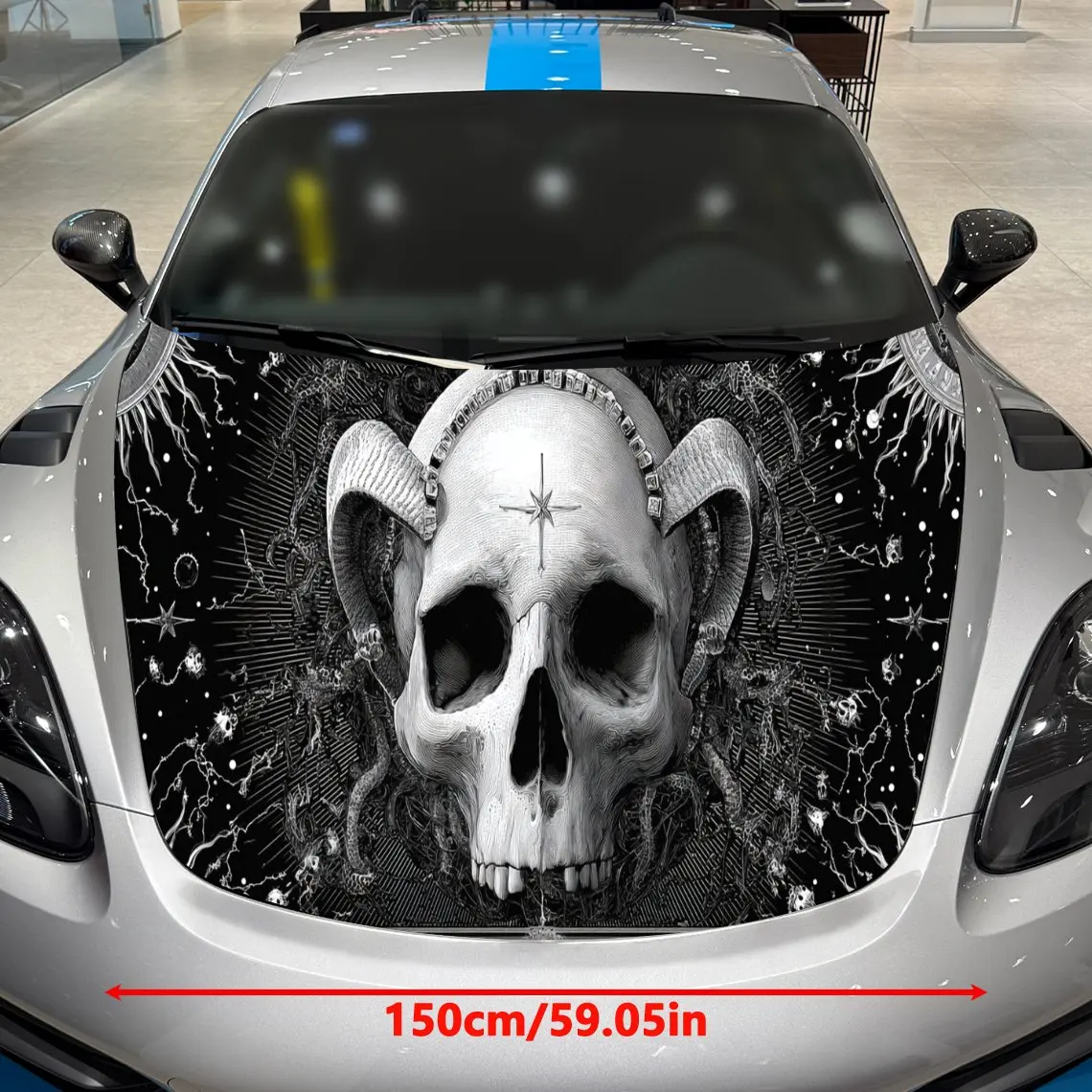 Ram Skull Dark Religious Style PVC Car Hood Wraps, Self-Adhesive Waterproof Car Bonnet Decal Sticker, Car Decoration Protection