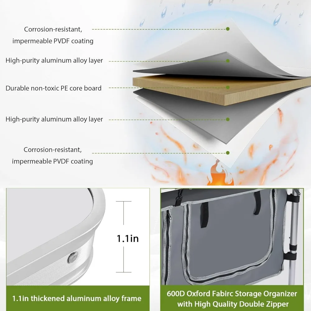 Outdoor Folding Table with Storage Organizer, Portable Composite Panel Lightweight Table, Adjustable Height, Camping Table