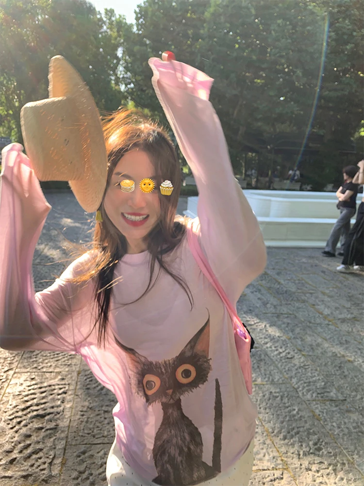 

Женская одежда Long Sve Ice Silk с защитой от солнца, свободная футболка фиолетового цвета, летний модный легкий круглый топ с принтом Ne