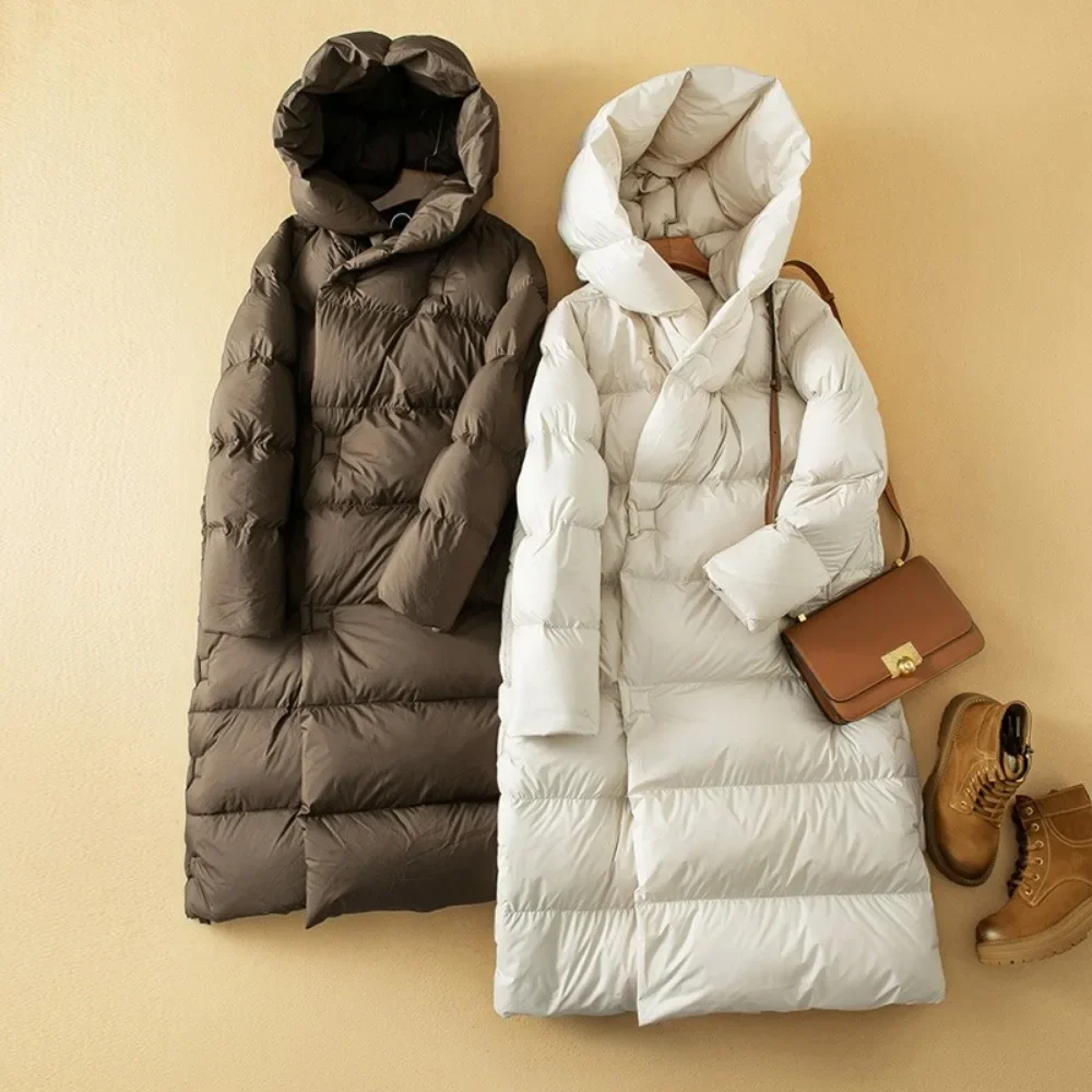 2024 New Fashion Down Jacket Women Long Hooded Parkas Coat Oversized Lightweight Warm 90% White Duck Down Coats Winter Overcoat