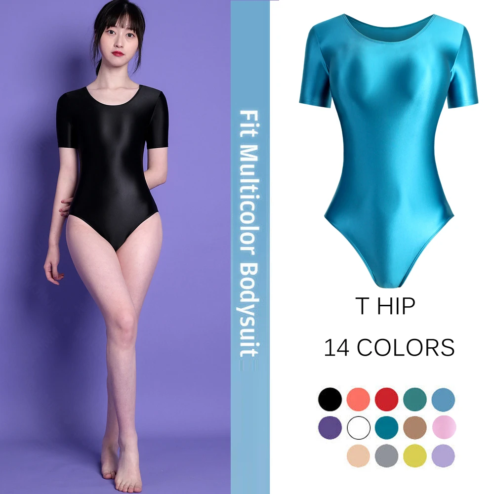 2022 Summer Women Candy Color Sexy Swimsuit Tight Shiny Glossy Silk Short Sleeve One Piece High Cut Bodysuit Spandex Swimwear