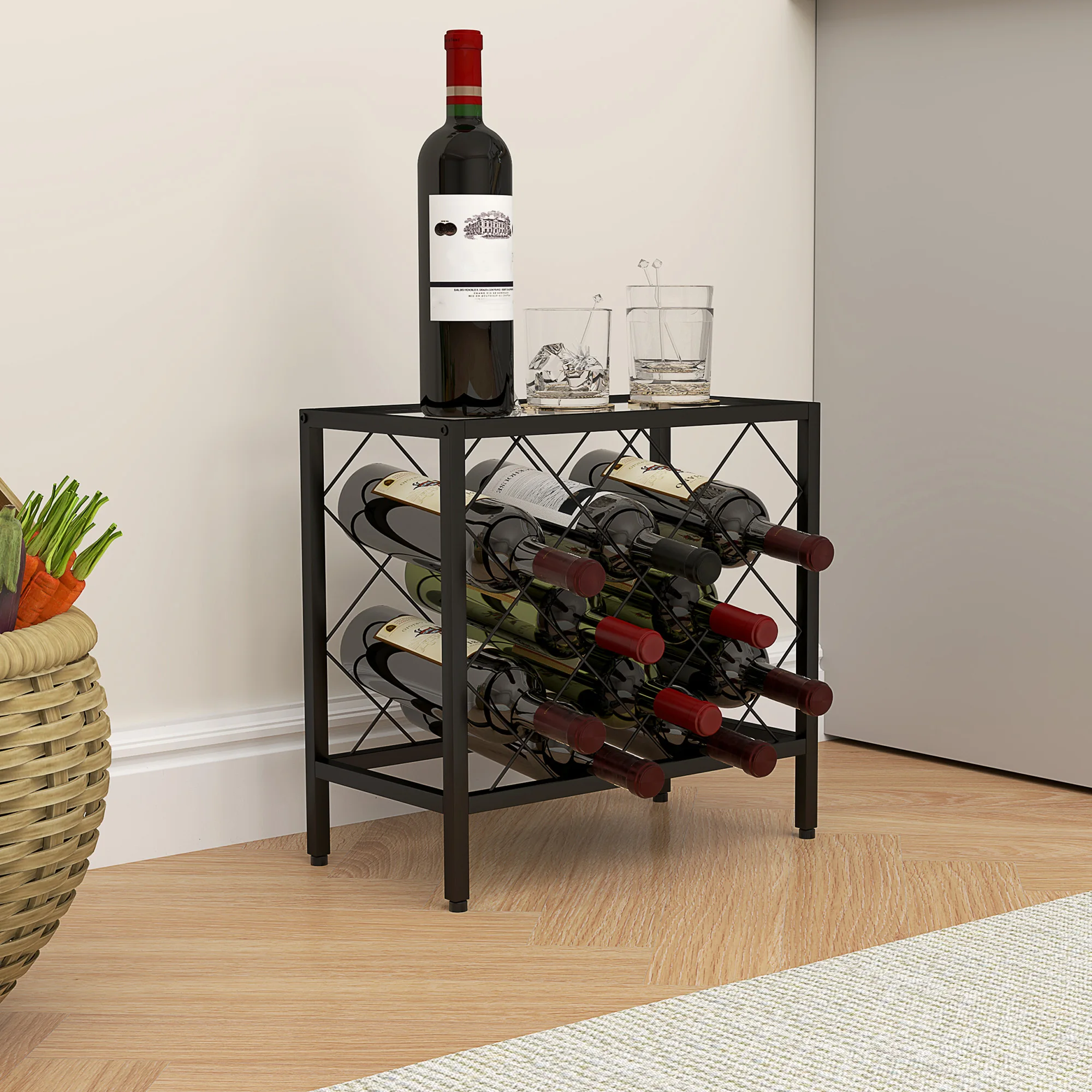 Portabottiglie per 10 Bottiglie in Acciaio Nero con Piano d'Appoggio in Vetro Temperato, 41x22x41 cm