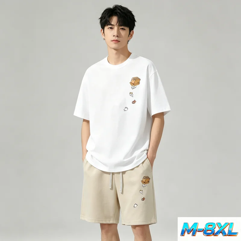 Daily Casual Loose Large Size M-8XL Set Cat Print T Shirt Drawstring Shorts Unisex Couple Style - Image 3