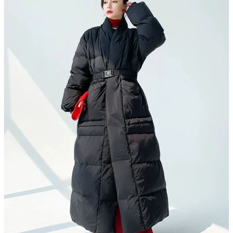 المرأة سترة طويلة أسفل 2025 خريف/شتاء عصري أنيق الخصر تحديد التخسيس طول الركبة سميكة معطف دافئ العصرية #5