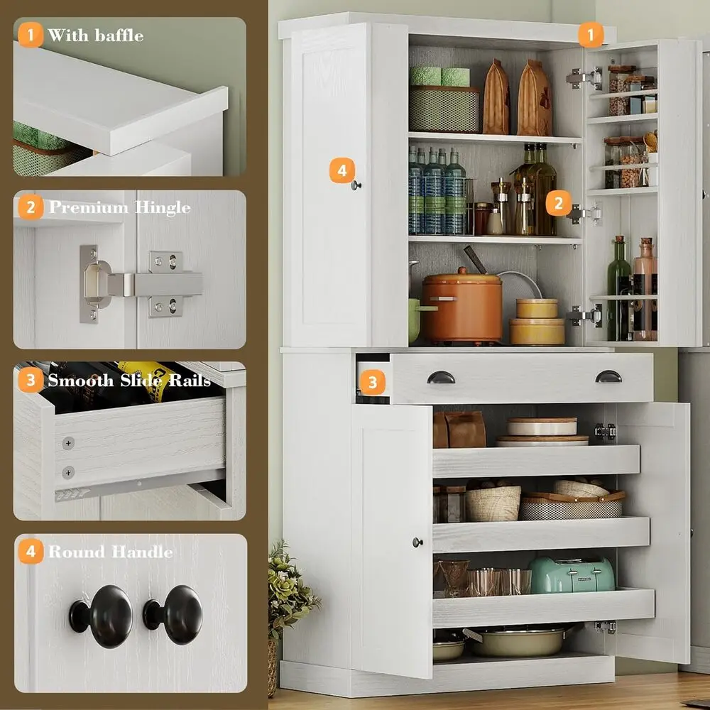 خزانة مطبخ IRONCK بارتفاع 72 بوصة، وخزانة قائمة بذاتها مع درج، و6 أرفف معلقة لغرفة الطعام، والغسيل، باللون الأبيض