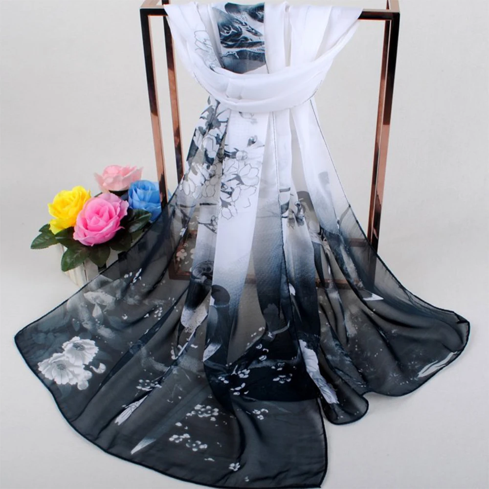 Fashion Flower Print Long Chiffon Scarf Breathable Sun Protection Shawl Silk Long Soft Beach Scarves Women view 4