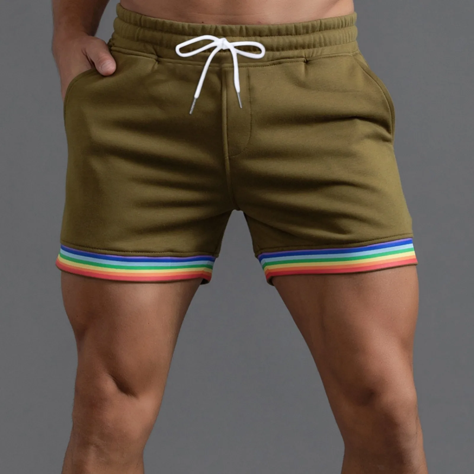 Mens Summer Solid Color Rainbow Pants Pocket Drawstring Loose Casual Sports Running Straight Shorts Beach Pants Outfits for Men