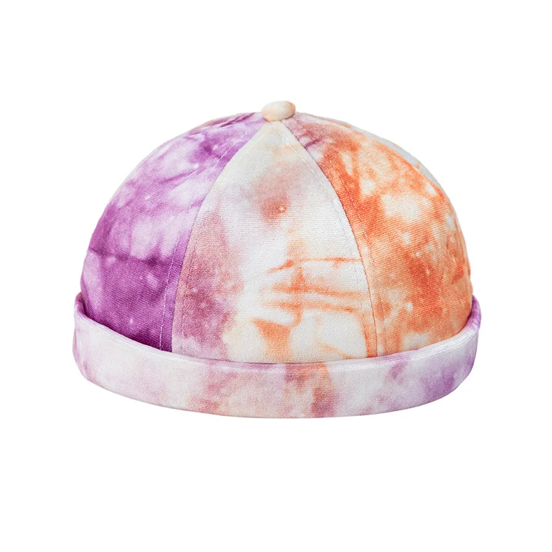 New Unisex Tie-dye Brimless Men Hip-hop Dome Melon Hat Leather Personality Women Outdoor Rolled Cuff Harbour No Visor Skull Cap