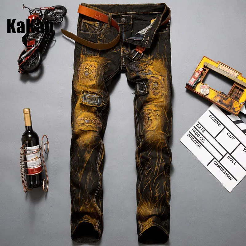 Kakan - European and American Old Slim Straight Men's Jeans, New Vintage Jeans Men's Pocket Decoration K02-9890