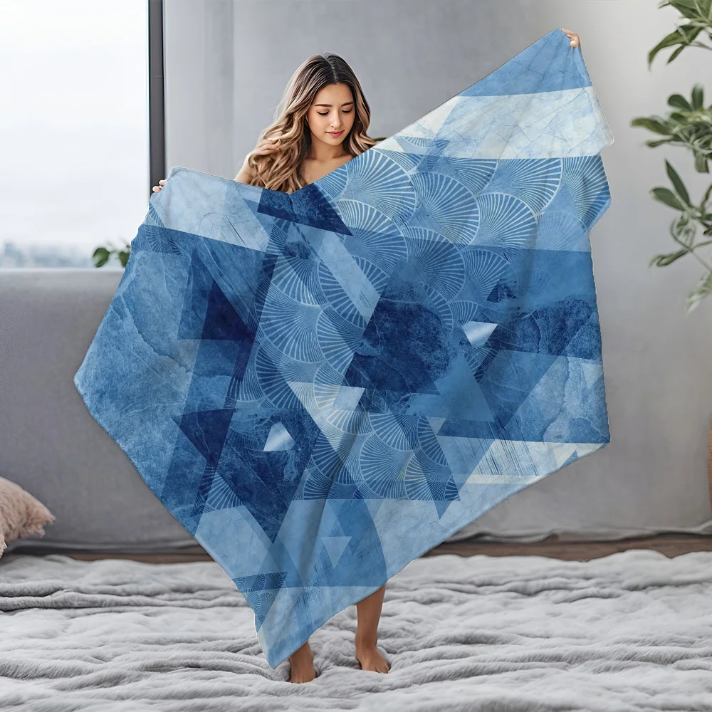 Blue Geometric Pattern Fleece Blanket - Abstract Triangle Design Throw Blanket for Sofa Bed Couch Gift