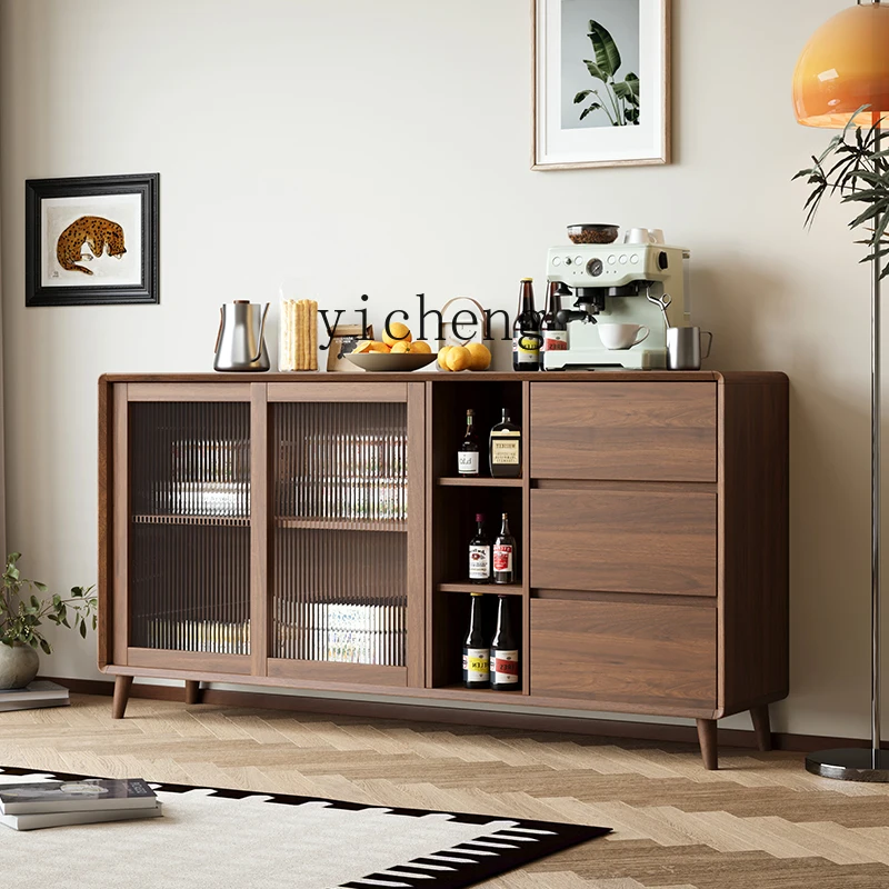 

ZYA Solid Wood Walnut Color Sideboard Living Room Tea Cabinet Kitchen Storage Cabinet Integrated Wall-Mounted
