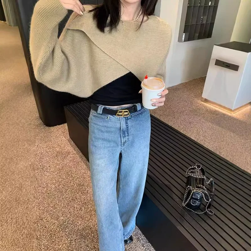 Maglione a scialle incrociato irregolare a nove punte lavorato a maglia primavera 2025