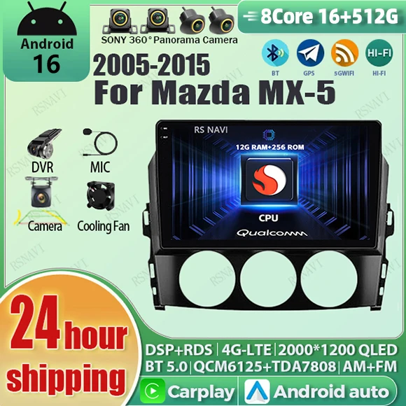 Radio para Auto Android 16 con wifi+4G y Carplay para Mazda MX-5 MX5 MX 5 NC 2005-2015, Navegación GPS, Reproductor de Video, Estéreo Multimedia, DVD