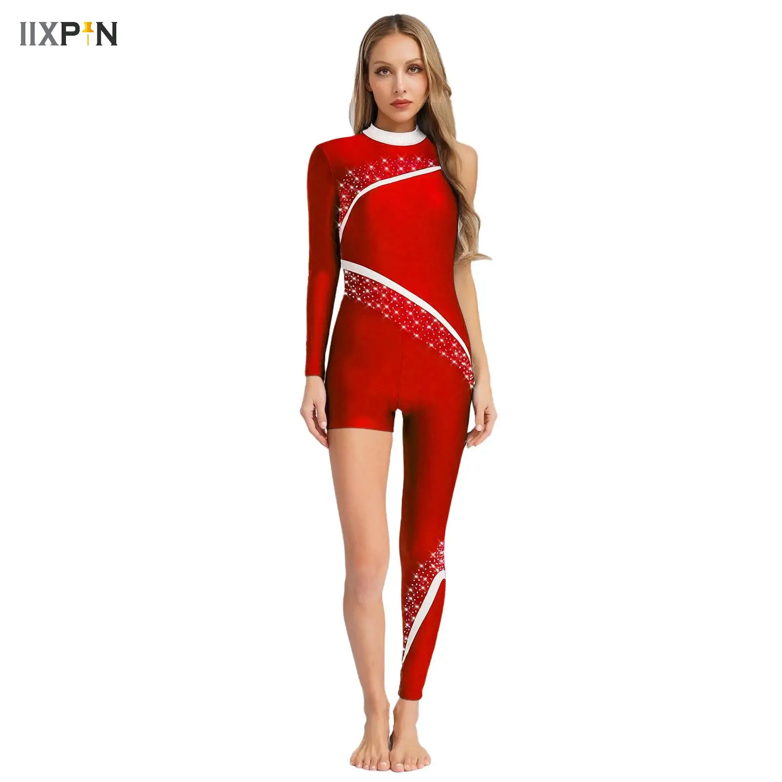 

Womens One Shoulder Ballet Dance Jumpsuit Rhythmic Gymnastics Jersey Figure Skating Acrobatics Yoga Workout Performance Costume