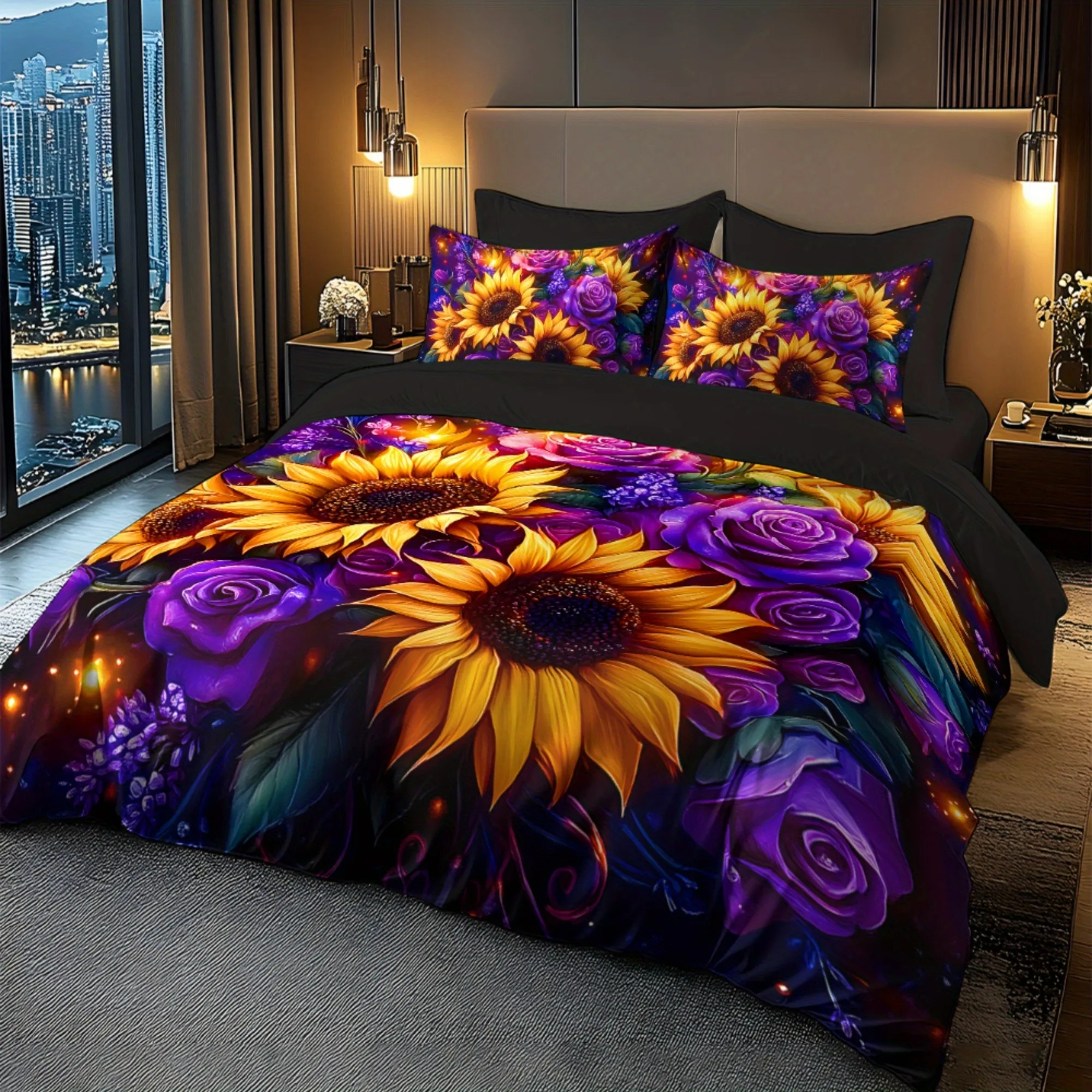 Purple Sunflower Bedding Set Soft Brushed Polyester Digital Print Comfortable Quilt Coverlet Duvet Insert King/Queen Size