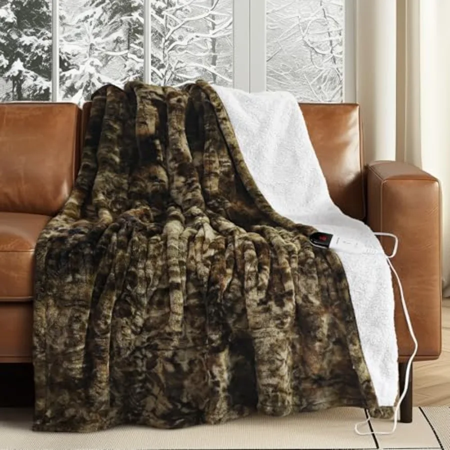 

Heated Blanket Soft and Luxurious Faux Rabbit Fur and Sherpa Throw 6 Heat Settings ETL Certified Overheat Protection Machine Wa
