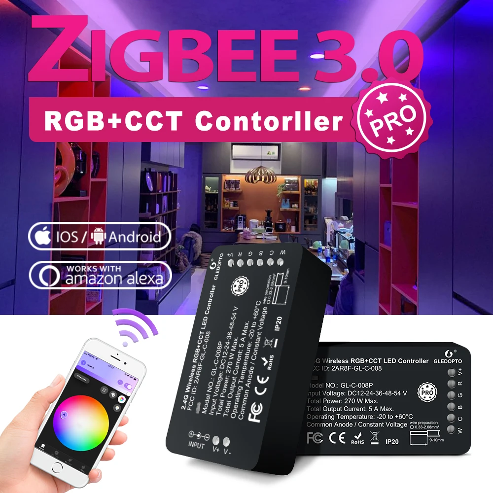 

GLEDOPTO Zigbee 3.0 LED Light Strip Controller RGB Warm Cold White Pro Compatible with Hub Tuya App Voice RF Remote Control