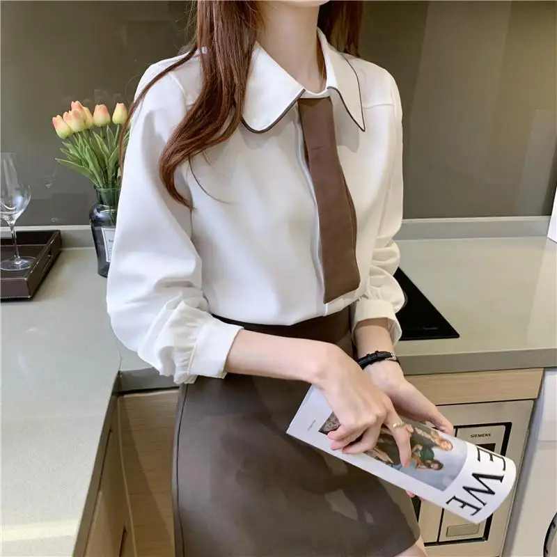 Professional Tie Shirt Women\'s Long Sleeve 2023 New Korean Edition Autumn/Winter Ear Collar Shirt Fashion Reduced Collar Tops