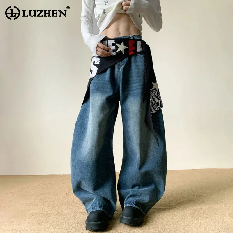 

LUZHEN 2025 New Letter Printed Hemline Decorate Loose Wide Leg Denim Pants Streetwear Men's Fashion Hip -hop Style Jeans JY3727
