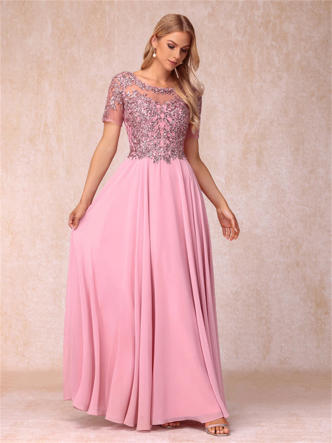 Mulheres Elegante vestido rosa longo de chiffon, vestidos mãe da noiva, apliques com o pescoço, lantejoulas de renda, manga curta, vestidos de casamento para convidados, mulheres