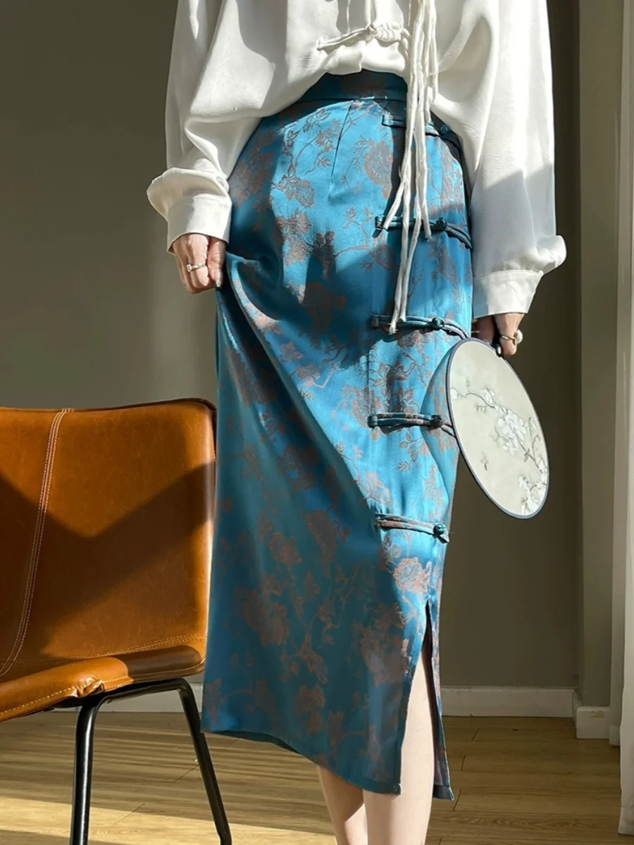 

Новая китайская юбка-миди с высокой талией, женская летняя новая атласная юбка с вышитыми пуговицами и разрезом по бокам, полная юбка