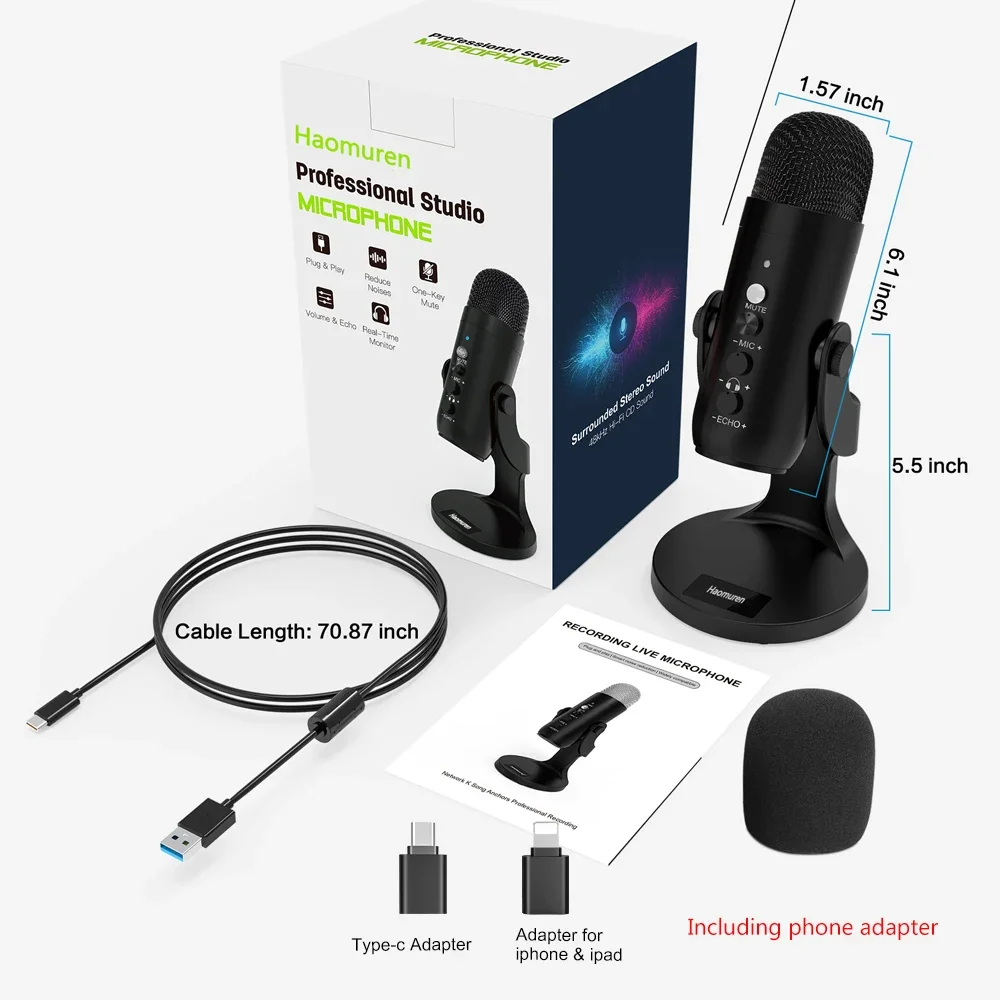 Haomuren Microfono a condensatore USB professionale Microfono di registrazione Youtube per PC Computer Telefono Gaming Streaming Podcasting K66