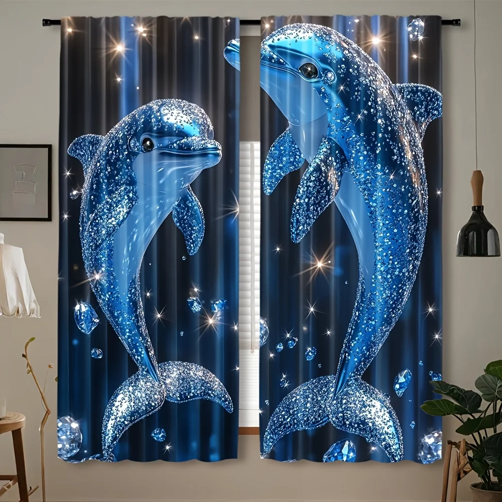 Ocean Dolphin Curtain Panels, Shiny Glitter Blue Dolphin Crystal Diamond Deep‑blue Tone Print Drapes for Home Apartment Decor