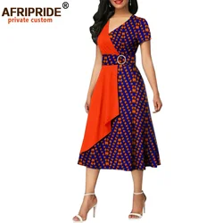 African Print Dresses for Women Dashiki Casual Outfits Short Sleeve V-Neck Plus Size A Line Dress With Belt AFRIPRIDE A2025003