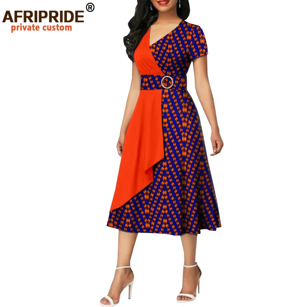 African Print Dresses for Women Dashiki Casual Outfits Short Sleeve V-Neck Plus Size A Line Dress With Belt AFRIPRIDE A2025003