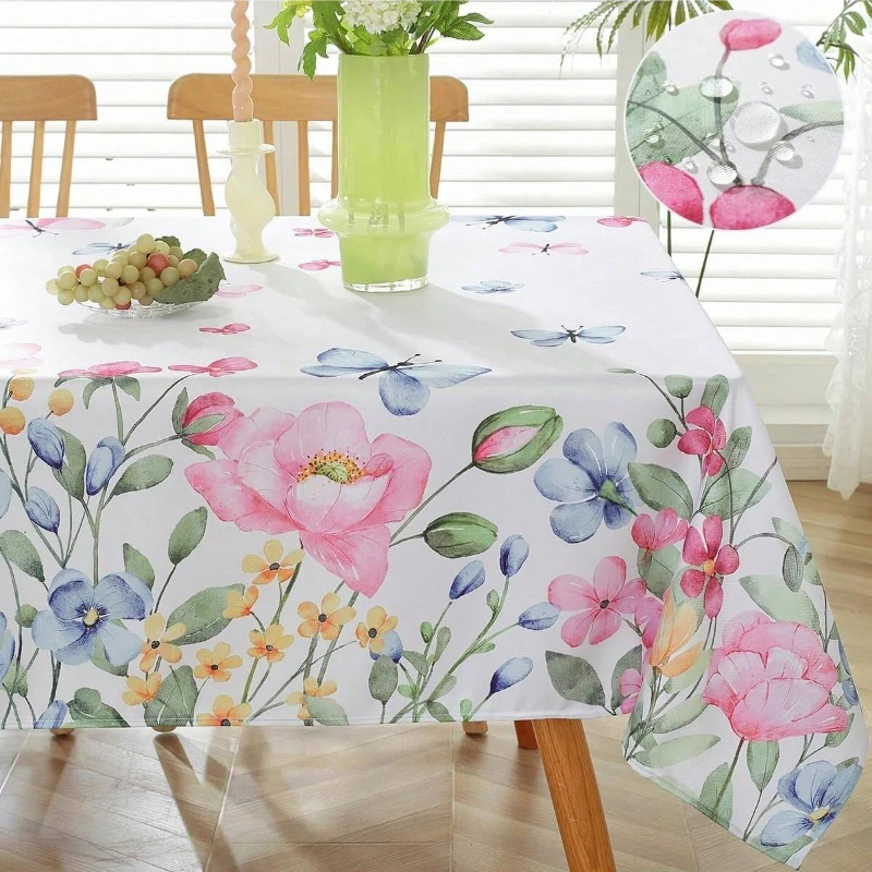 Floral Tablecloth with Wildflowers and Butterflies Watercolor Print Home Kitchen Rectangle Party Holiday Party Dinner Decoration