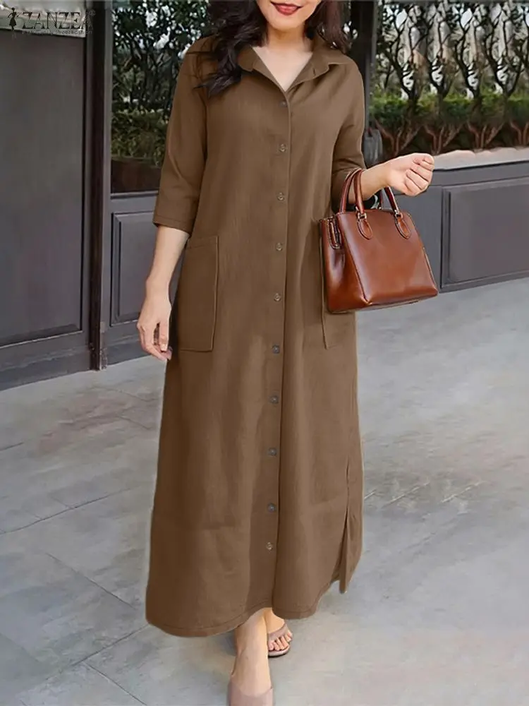 ZANZEA femmes robes longues décontractées automne 2025 col rabattu boutonné poche plaquée fente latérale chemise femme vêtements de trajet 3XL